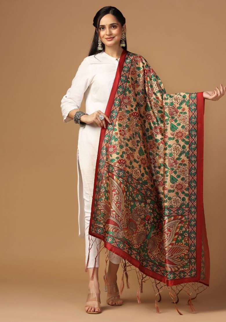 Printed Kalamkari Tasselled Silk Dupatta With Thread Work - Indya