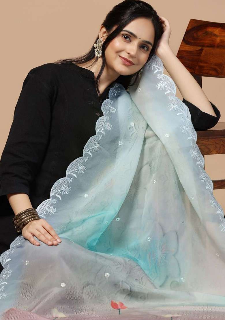 Floral Printed Organza Dupatta - Indya