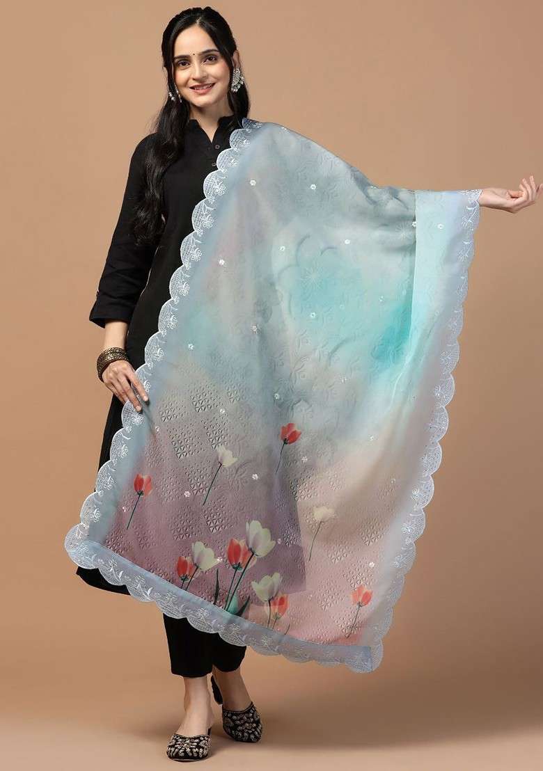 Floral Printed Organza Dupatta - Indya