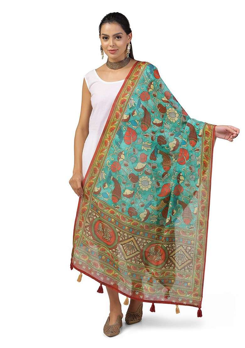 Floral Printed Linen Kalamkari Dupatta - Indya