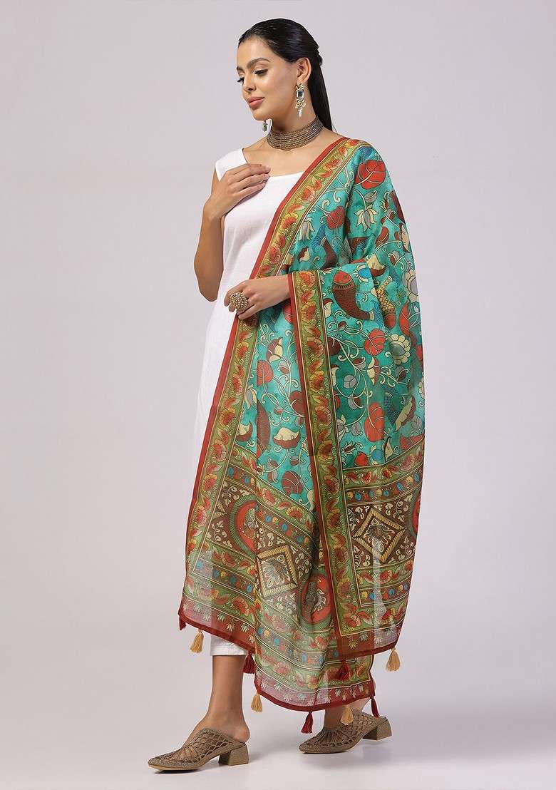 Floral Printed Linen Kalamkari Dupatta - Indya