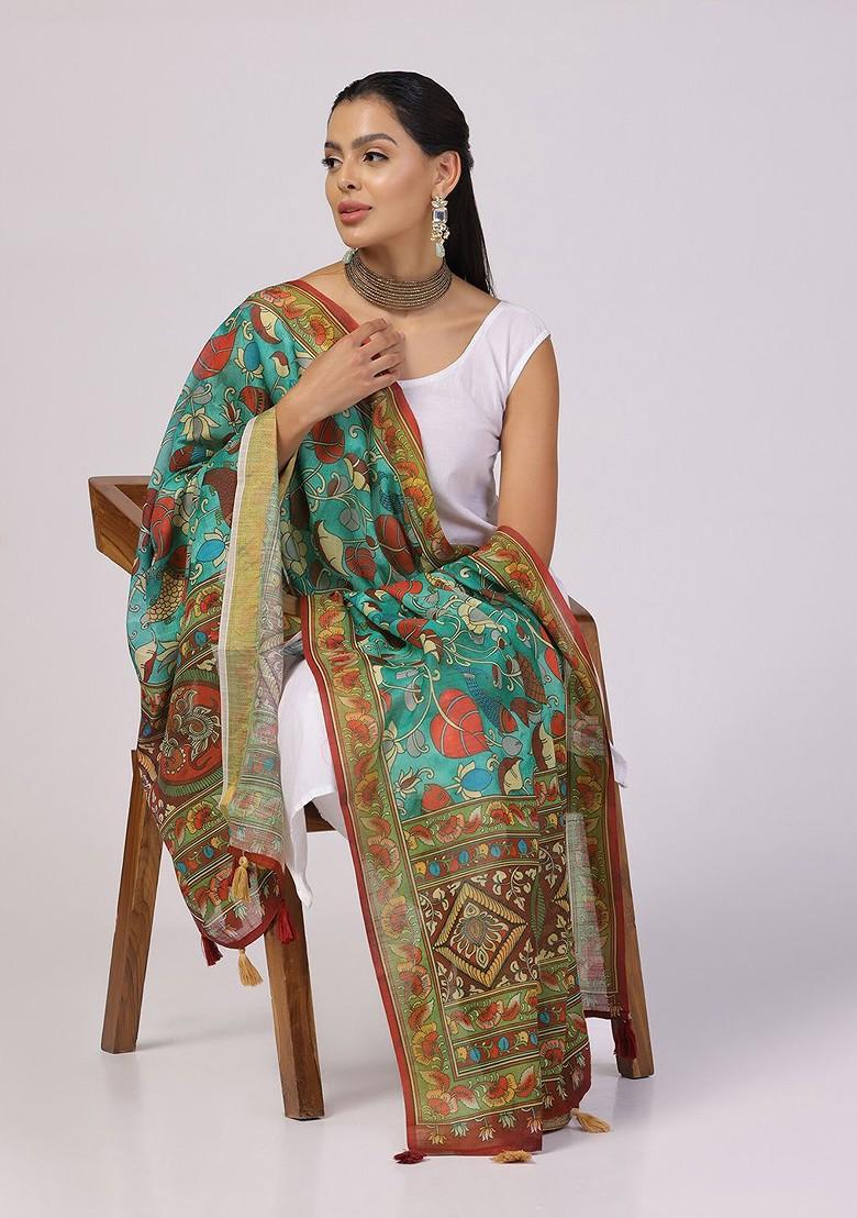 Floral Printed Linen Kalamkari Dupatta