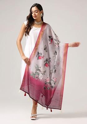 Printed Linen Dupatta With Zari