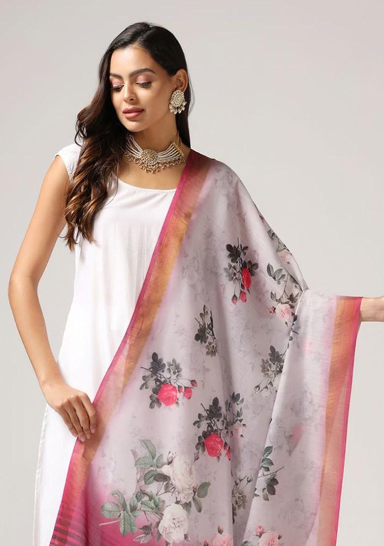 Printed Linen Dupatta With Zari