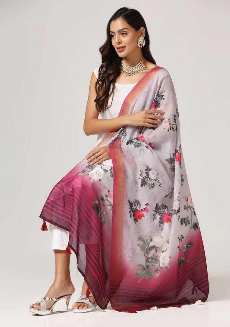 Printed Linen Dupatta With Zari