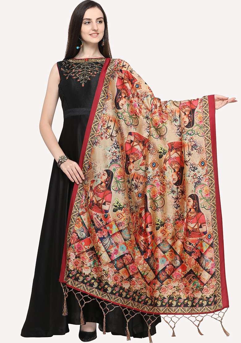 Red And Blue Ethnic Motifs Printed Dupatta - Indya