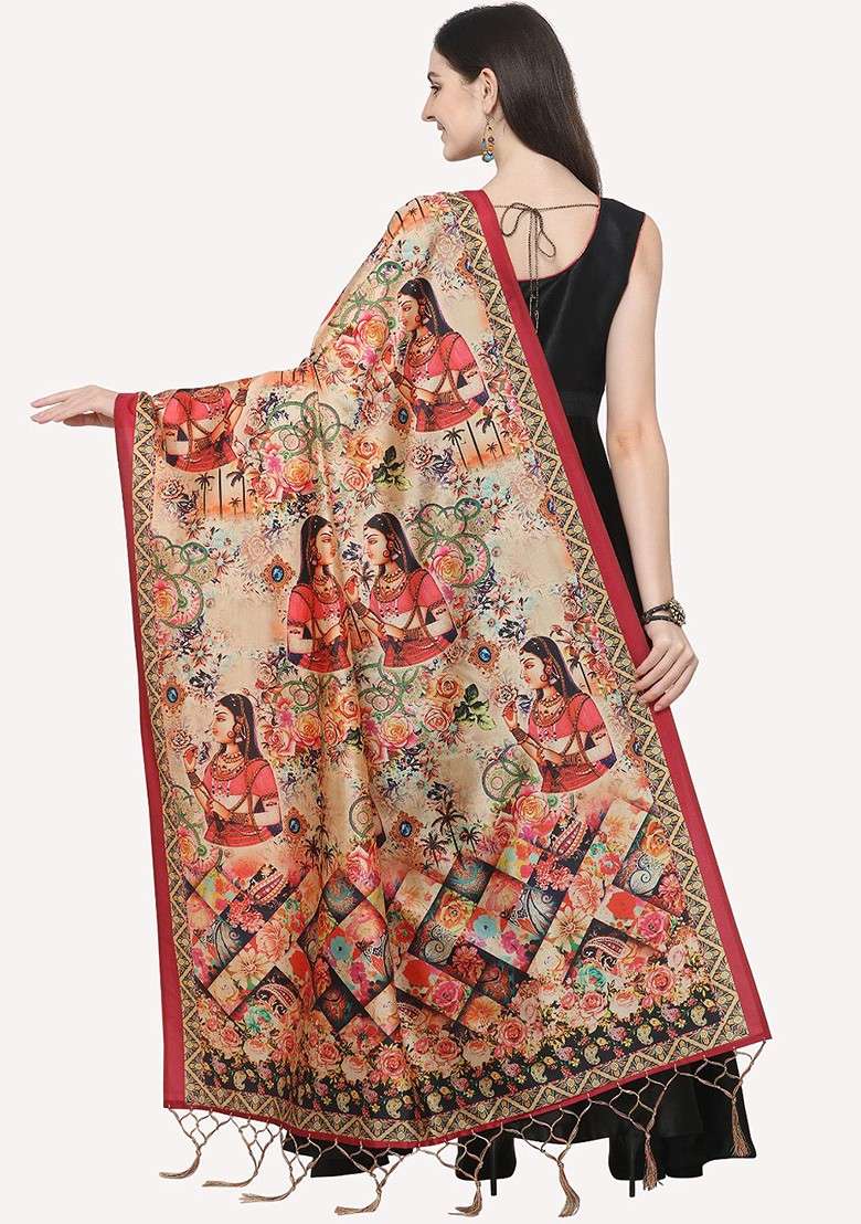 Red And Blue Ethnic Motifs Printed Dupatta - Indya