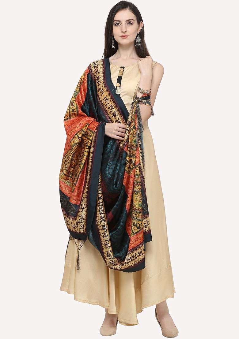 Green And Pink Ethnic Motifs Printed Dupatta - Indya