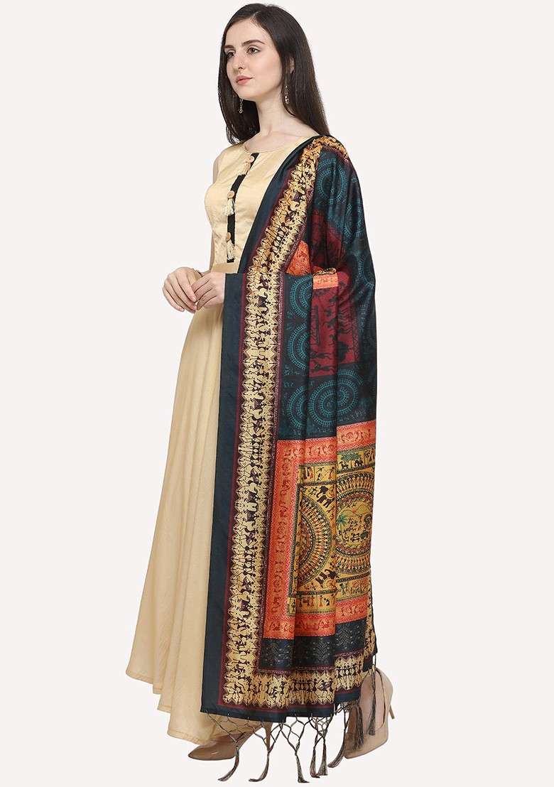 Green And Pink Ethnic Motifs Printed Dupatta - Indya