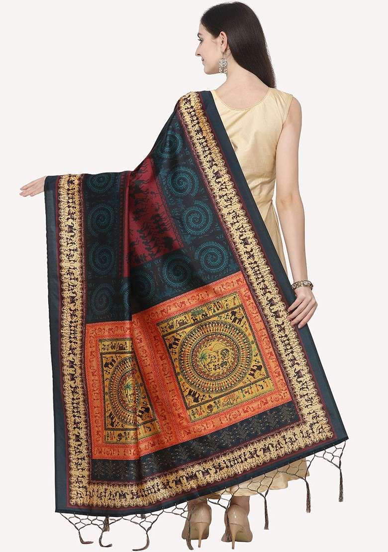 Green And Pink Ethnic Motifs Printed Dupatta - Indya