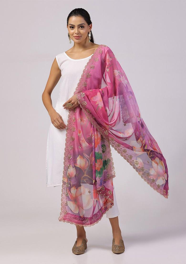 Floral Printed Linen Dupatta With Zari