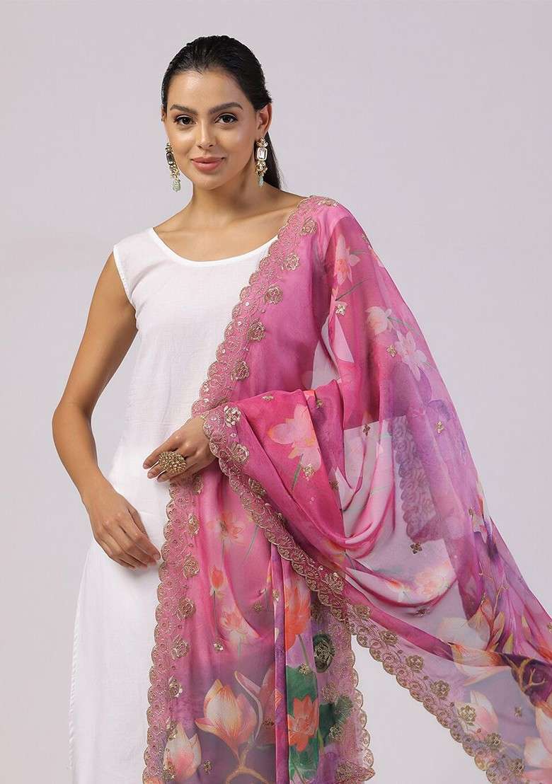 Floral Printed Linen Dupatta With Zari - Indya