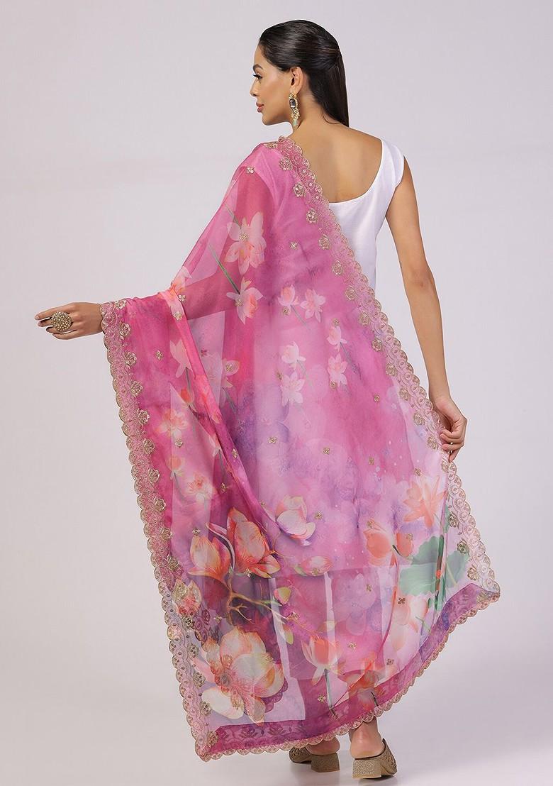 Floral Printed Linen Dupatta With Zari