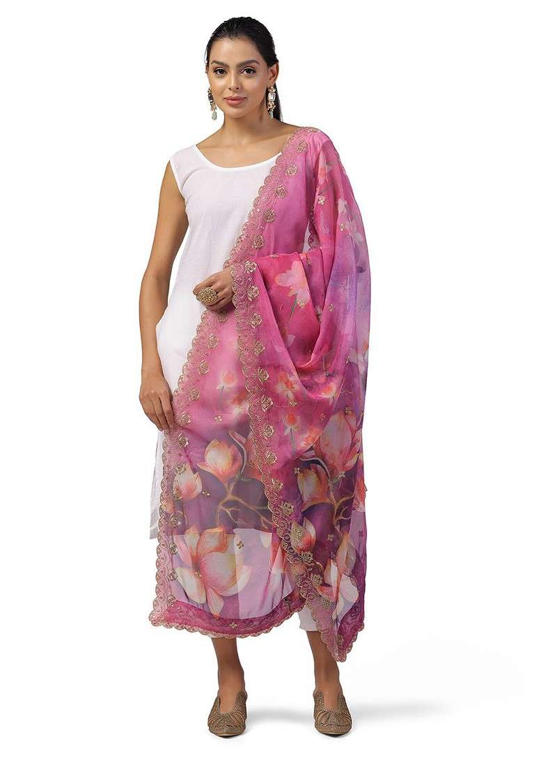 Floral Printed Linen Dupatta With Zari - Indya