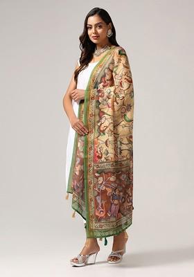 Floral Printed Linen Kalamkari Dupatta