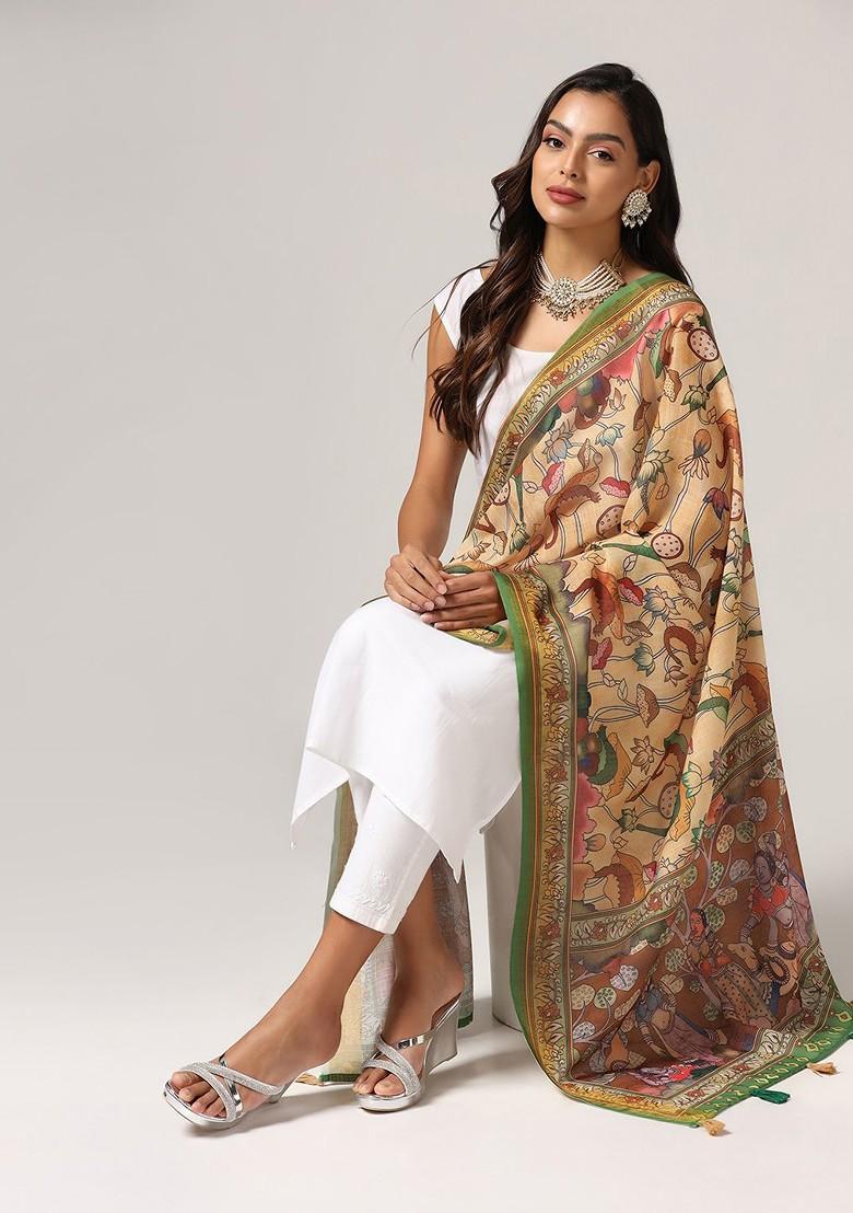 Floral Printed Linen Kalamkari Dupatta