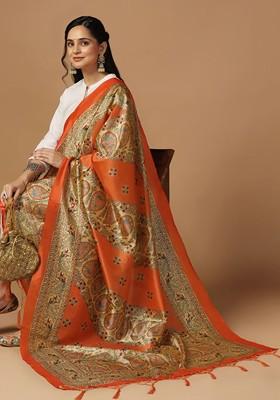 Ethnic Motifs Printed Kalamkari Dupatta With Thread Work