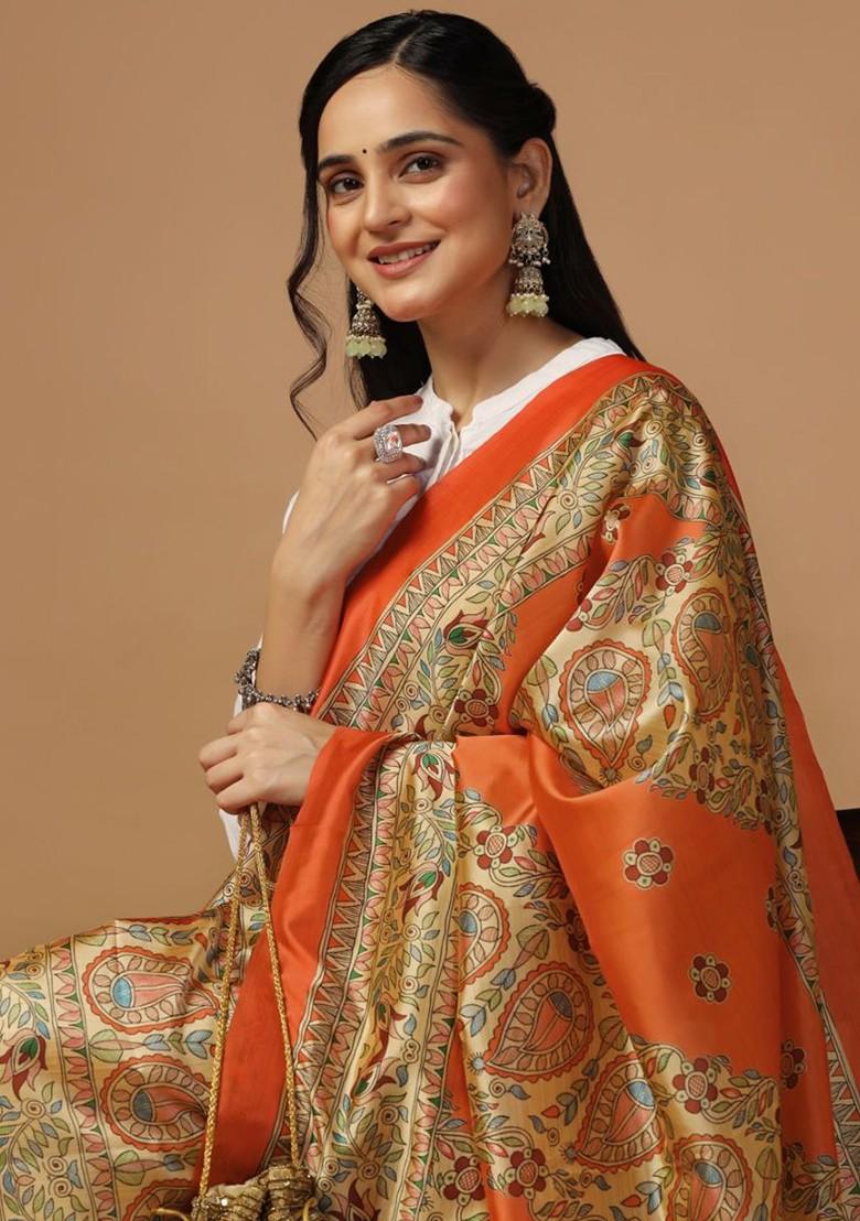 Ethnic Motifs Printed Kalamkari Dupatta With Thread Work