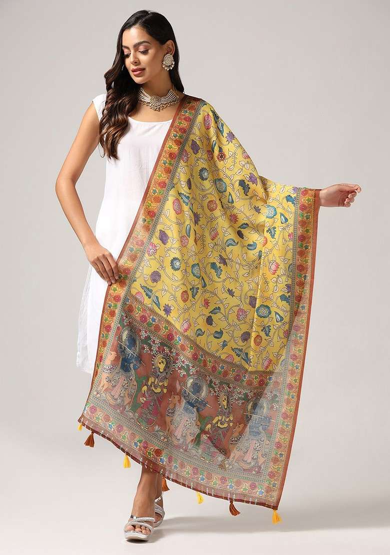 Floral Printed Linen Kalamkari Dupatta - Indya
