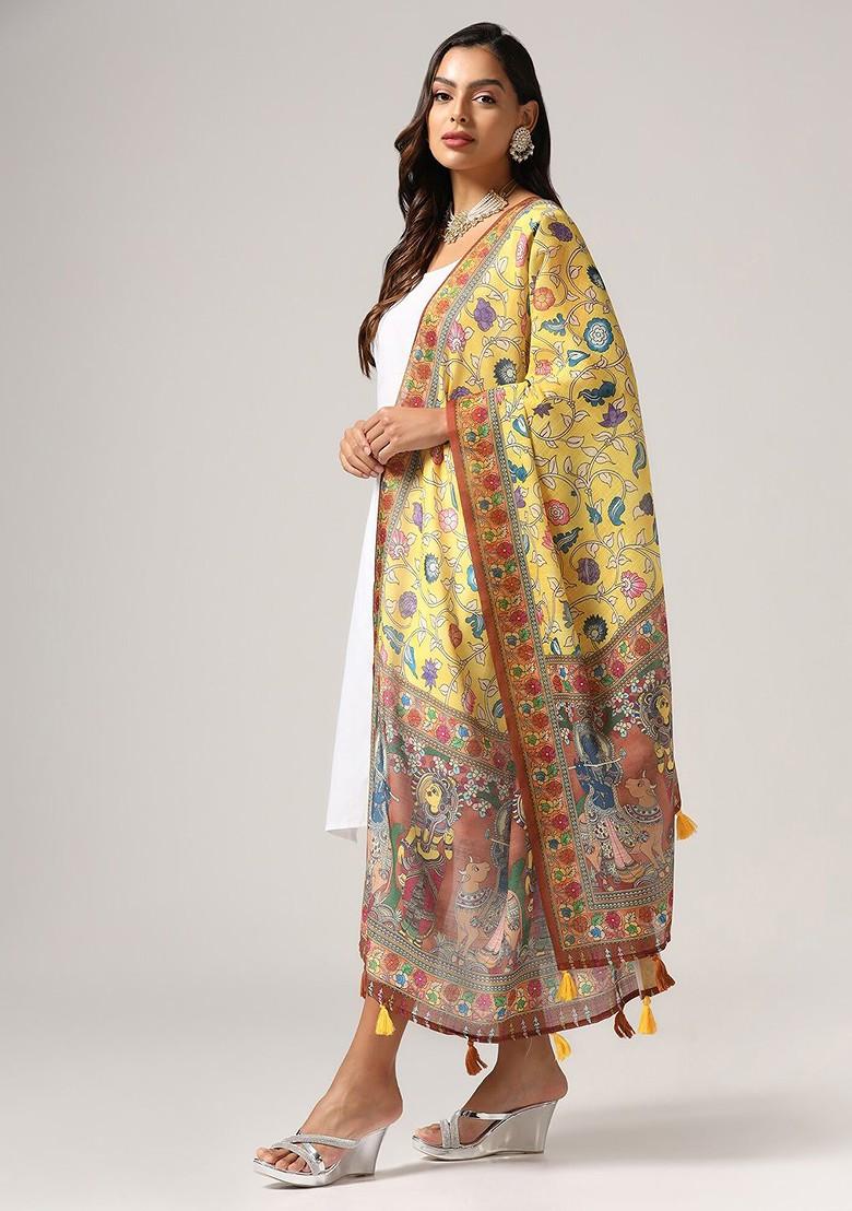Floral Printed Linen Kalamkari Dupatta