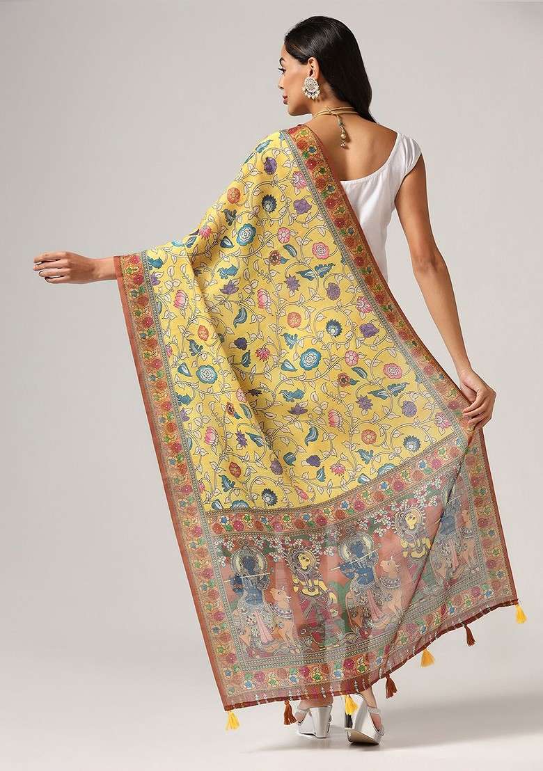 Floral Printed Linen Kalamkari Dupatta - Indya