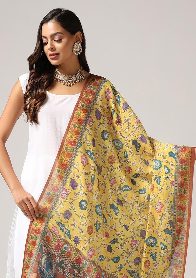 Floral Printed Linen Kalamkari Dupatta