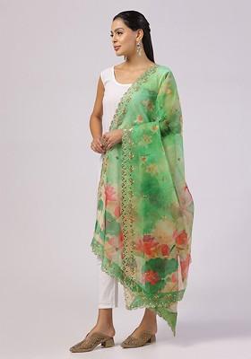 Floral Printed Linen Kalamkari Dupatta With Zari