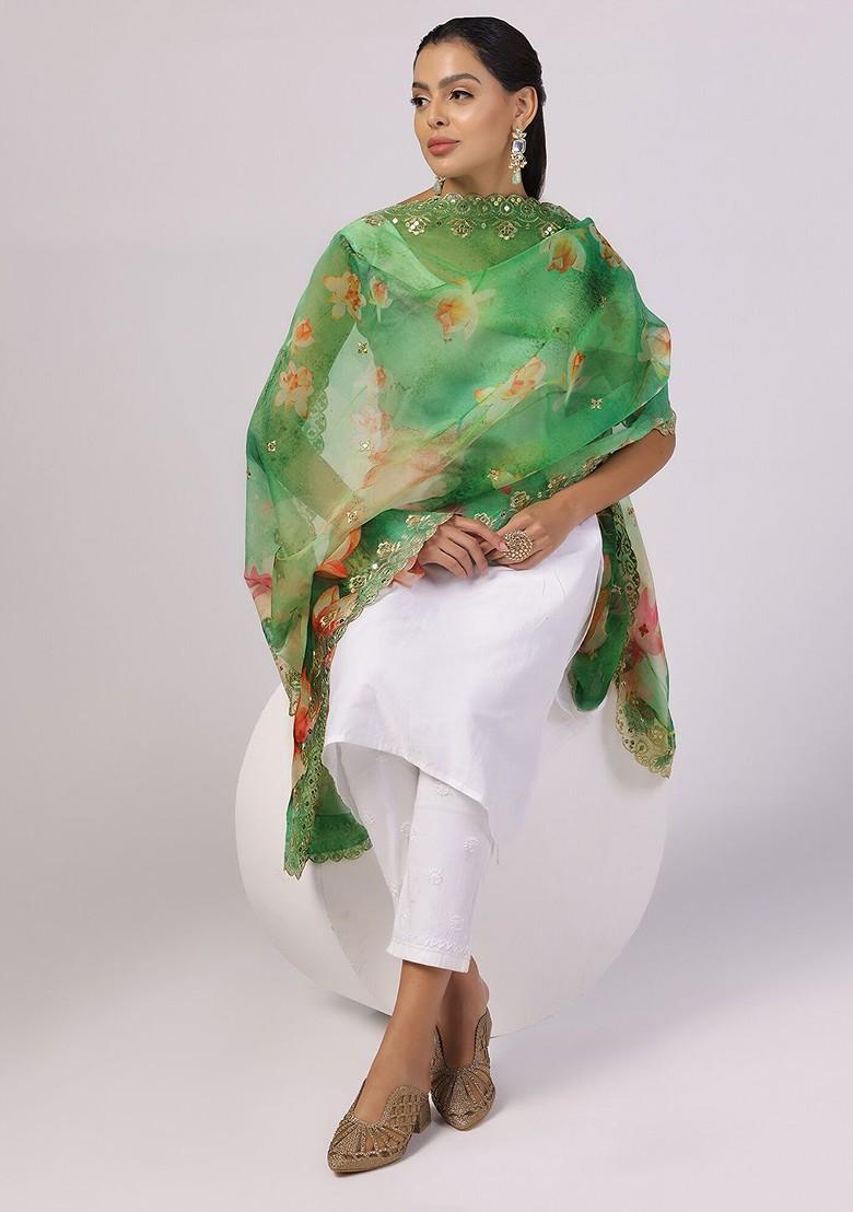 Floral Printed Linen Kalamkari Dupatta With Zari