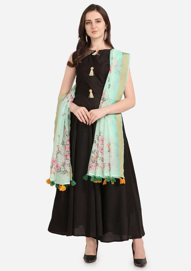 Ethnic Motifs Printed Linen Zari Dupatta - Indya