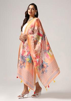 Floral Printed Linen Kalamkari Dupatta With Zari