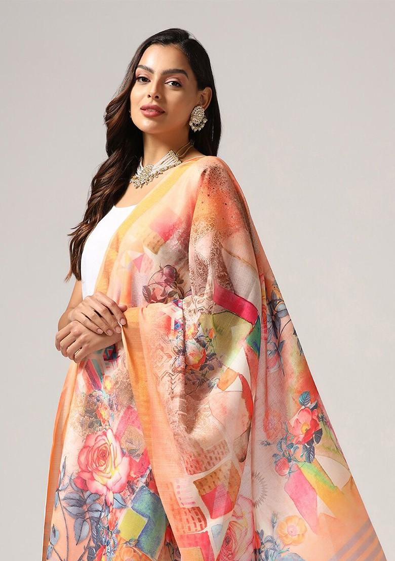 Floral Printed Linen Kalamkari Dupatta With Zari