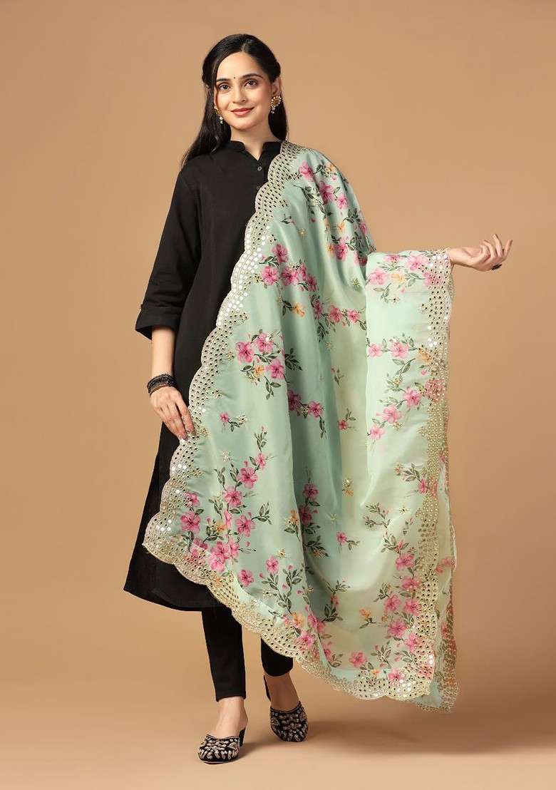 Digital Printed Sequinned Organza Dupatta - Indya