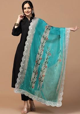 Floral Printed Sequinned Organza Dupatta