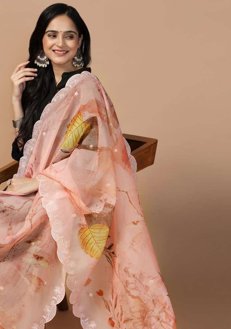 Sequinned Floral Printed Organza Dupatta - Indya