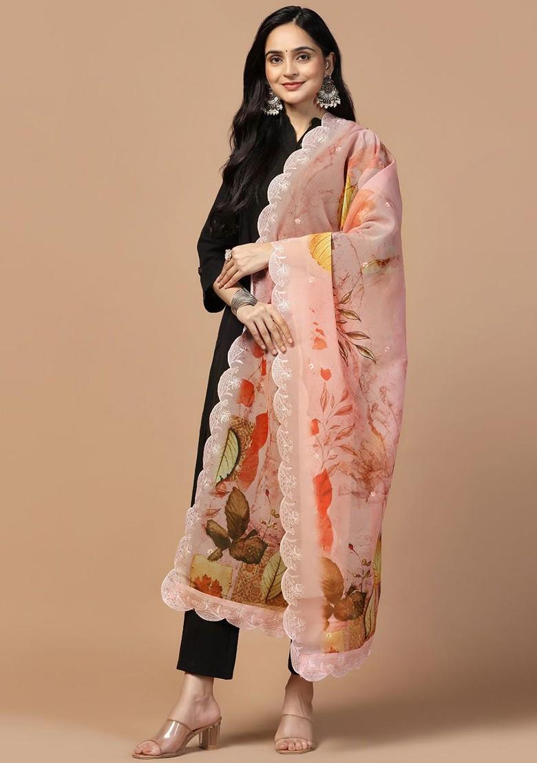 Sequinned Floral Printed Organza Dupatta