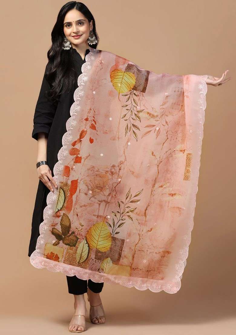 Sequinned Floral Printed Organza Dupatta - Indya