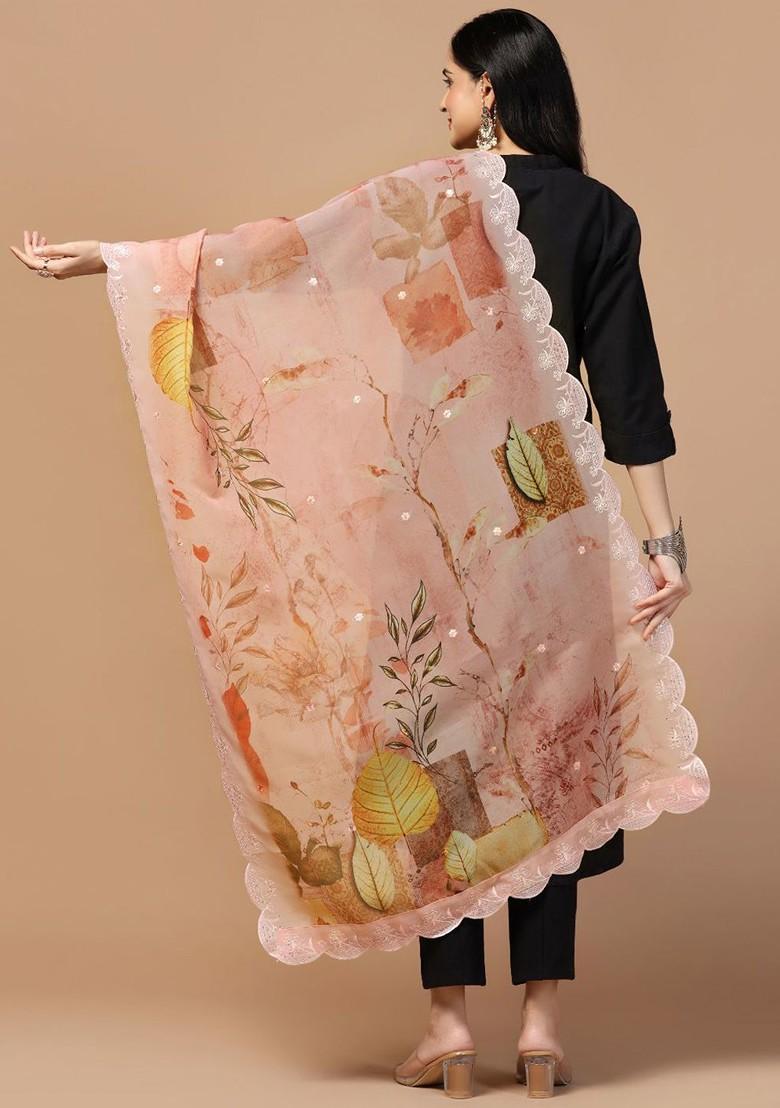 Sequinned Floral Printed Organza Dupatta