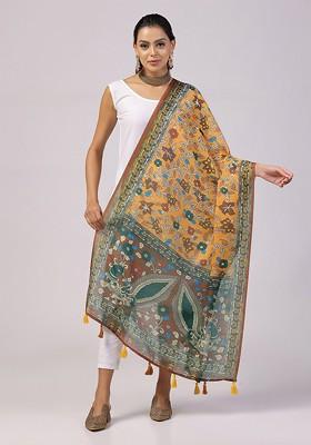 Floral Printed Linen Kalamkari Dupatta