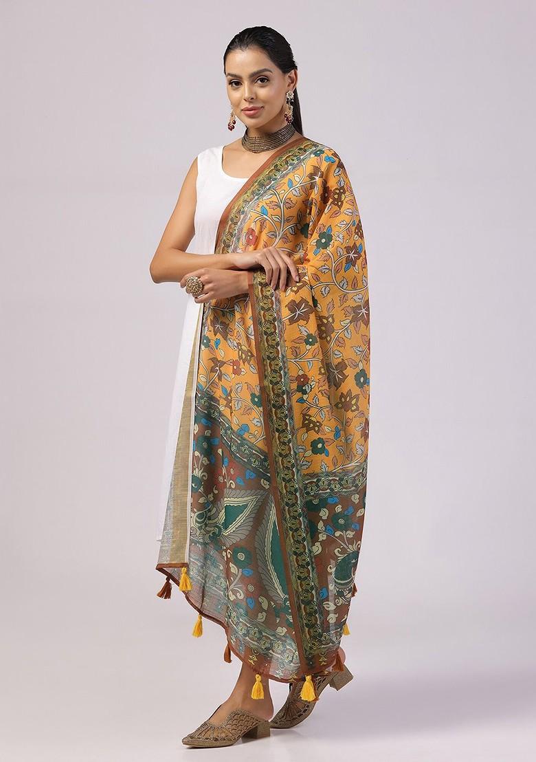 Floral Printed Linen Kalamkari Dupatta