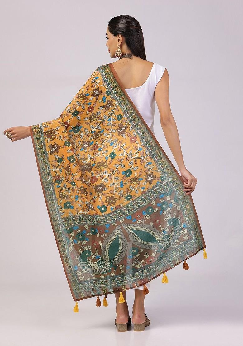 Floral Printed Linen Kalamkari Dupatta