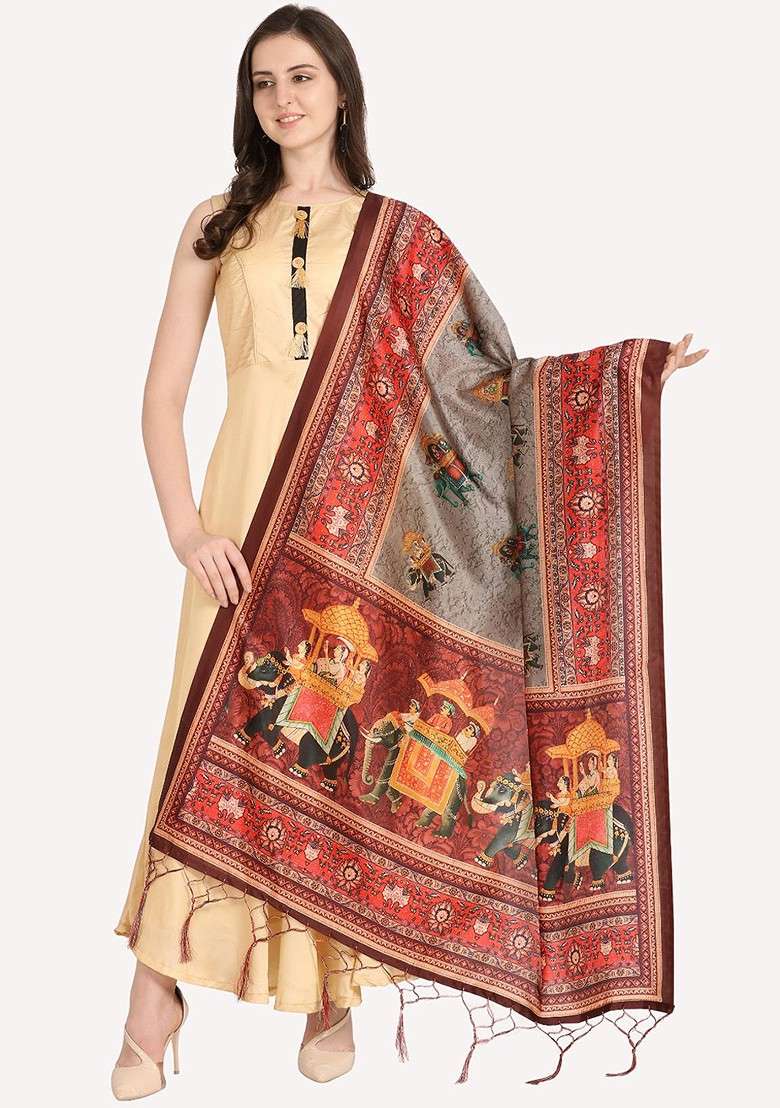 Red And Black Ethnic Motifs Printed Dupatta - Indya