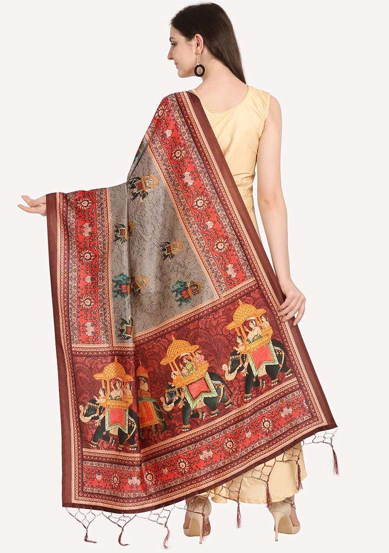 Red And Black Ethnic Motifs Printed Dupatta - Indya