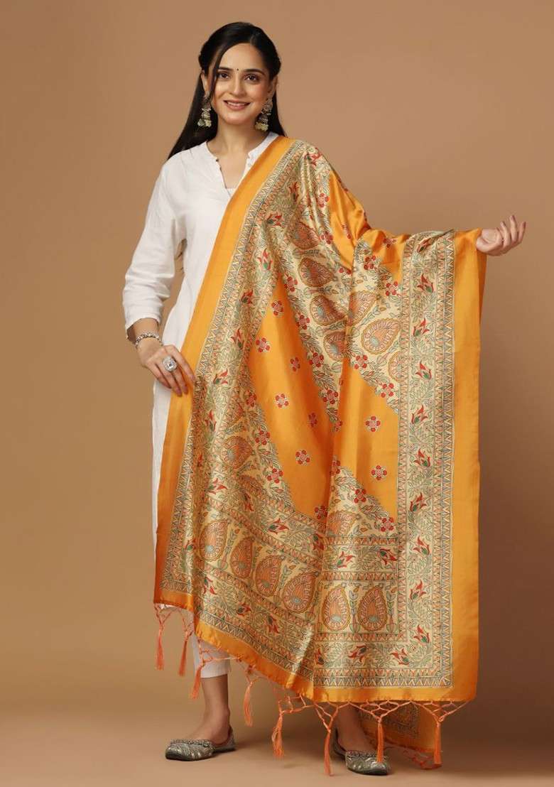 Ethnic Motifs Printed Thread Work Silk Dupatta - Indya