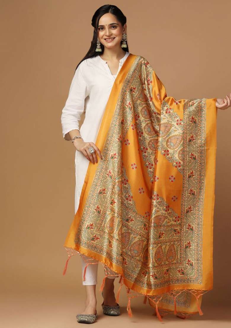 Ethnic Motifs Printed Thread Work Silk Dupatta - Indya