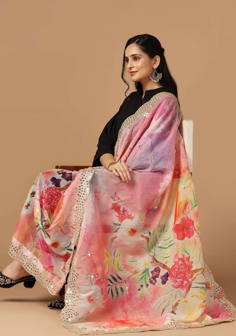 Floral Printed Organza Dupatta - Indya