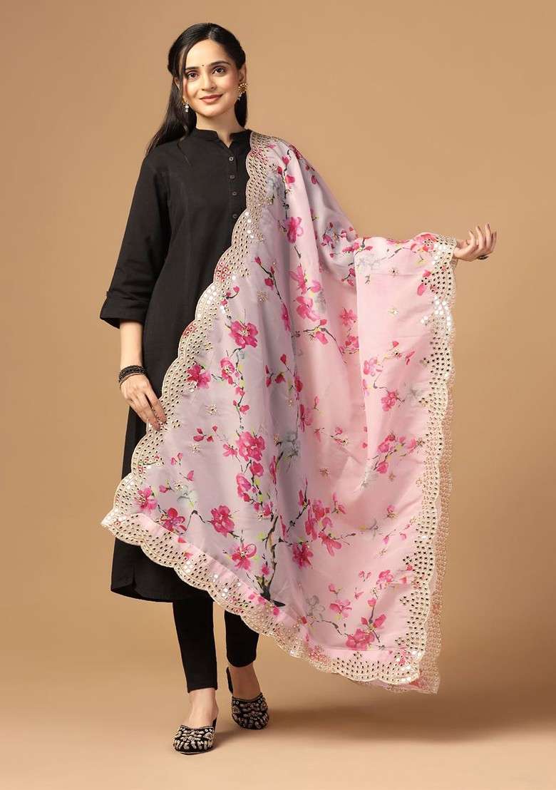 Floral Printed Mirror Work Organza Dupatta - Indya