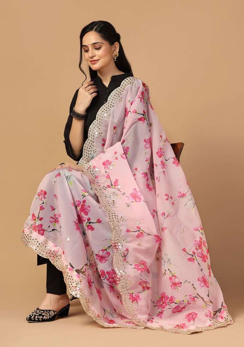 Floral Printed Mirror Work Organza Dupatta - Indya