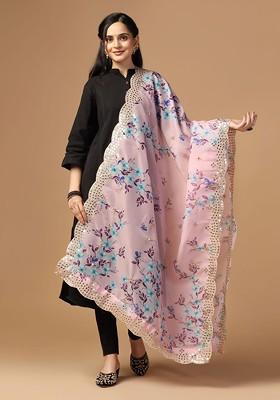 Floral Printed Mirror Work Organza Dupatta