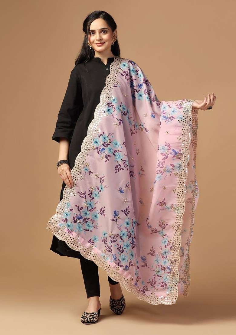 Floral Printed Mirror Work Organza Dupatta - Indya
