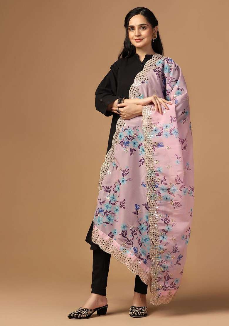 Floral Printed Mirror Work Organza Dupatta - Indya